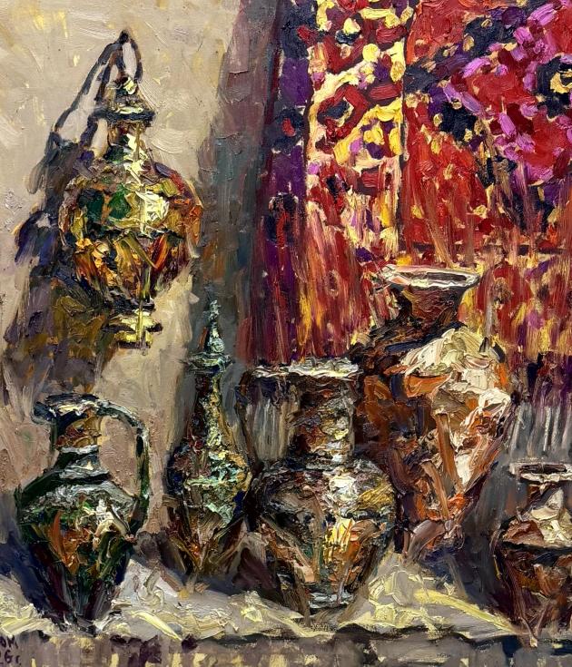 Echoes of the East by Dilorom Mamedova, a 3D impasto painting depicting decorative vessels against a red patterned textile