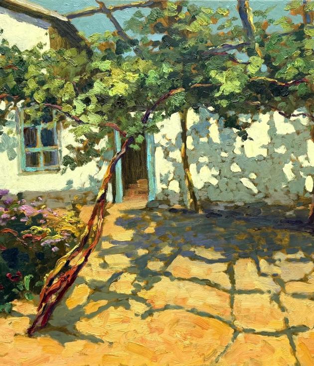 Sunlit Vineyard Yard by Dilorom Mamedova, a sunlit courtyard oil painting with grapevines, flowers and a turquoise doorway