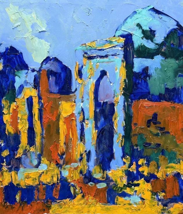 Pearl of the East by Dilorom Mamedova, an architectural oil painting with blue domes, turquoise arches and orange façades