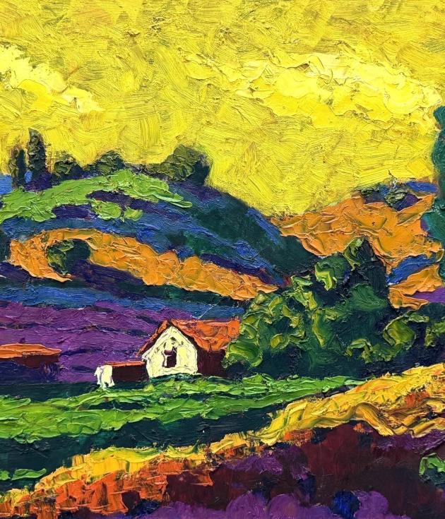 Rainbow Fields by Dilorom Mamedova, a colorful landscape oil painting with white houses, blue hills and a yellow sky